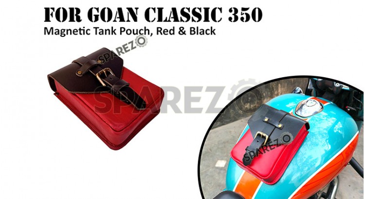 Fit For Royal Enfield Goan Classic 350 Leather Magnetic Tank Pouch Red and Black - SPAREZO Fit For Royal Enfield Goan Classic 350 Leather Magnetic Tank Pouch Red and Black - SPAREZO